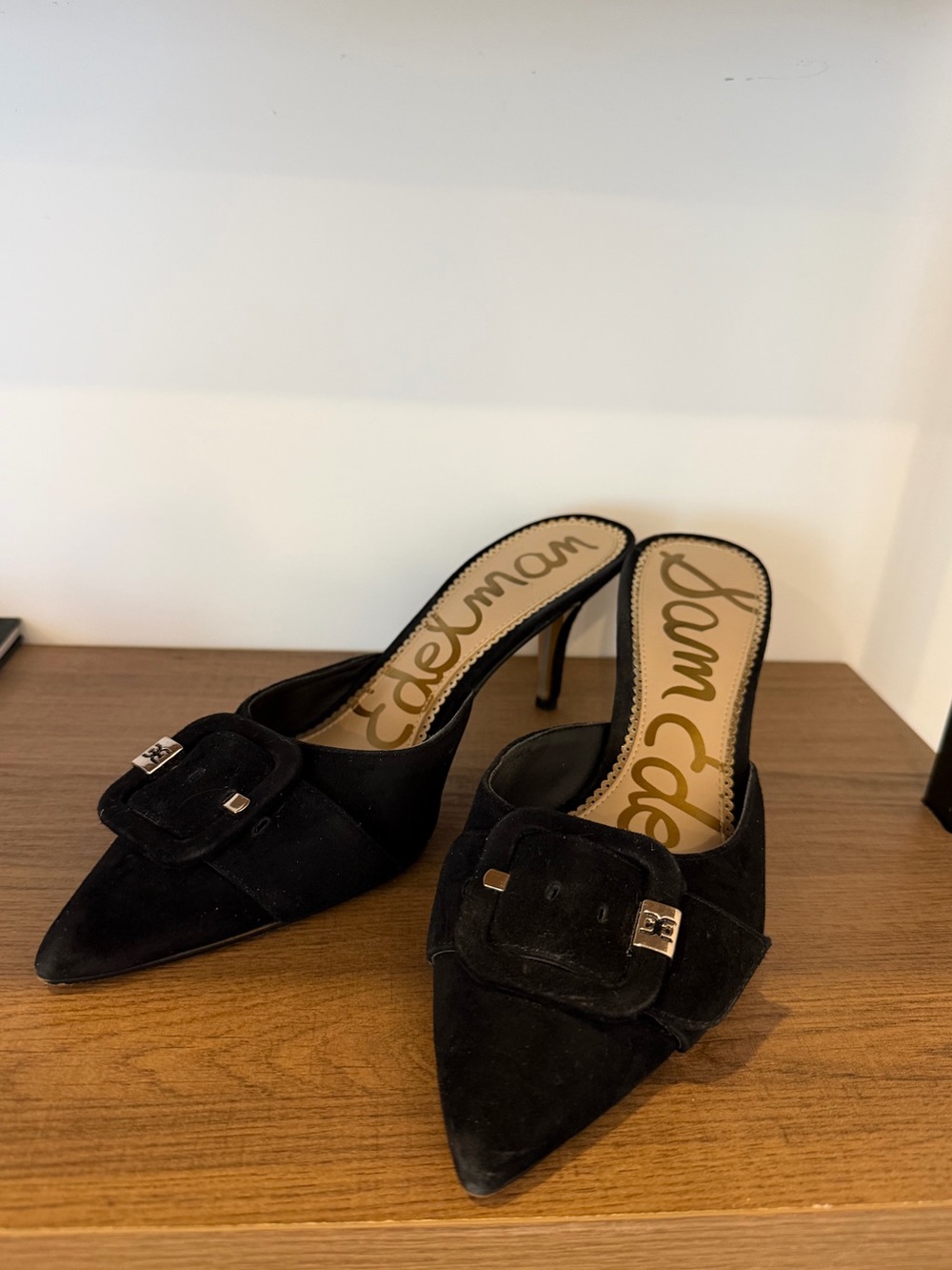 Sam Edelman Black Suede Pointed Buckle Mules